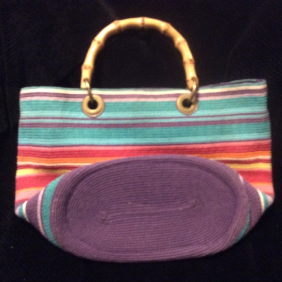 Colorful stripe knit look handled tote purse - Picture 2 of 4
